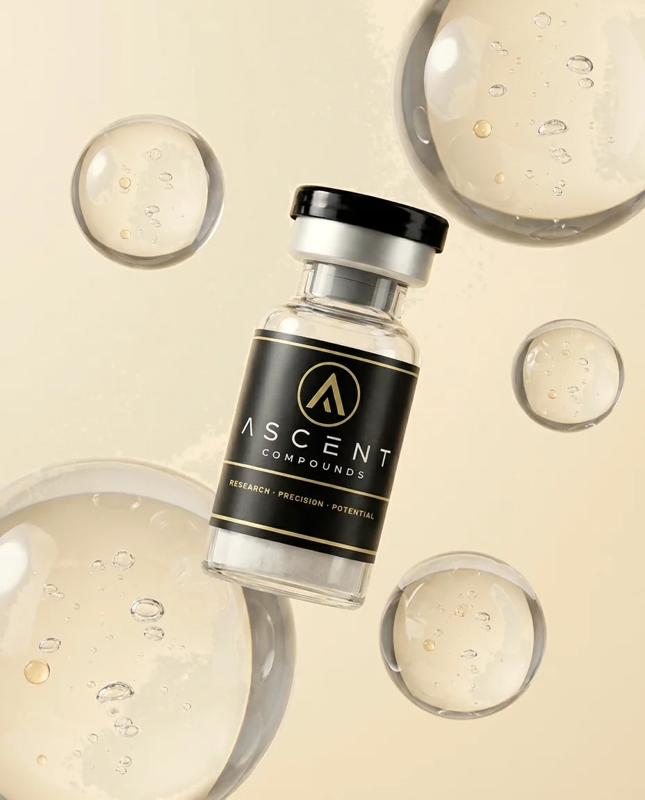 A vial suspended among clear glass spheres