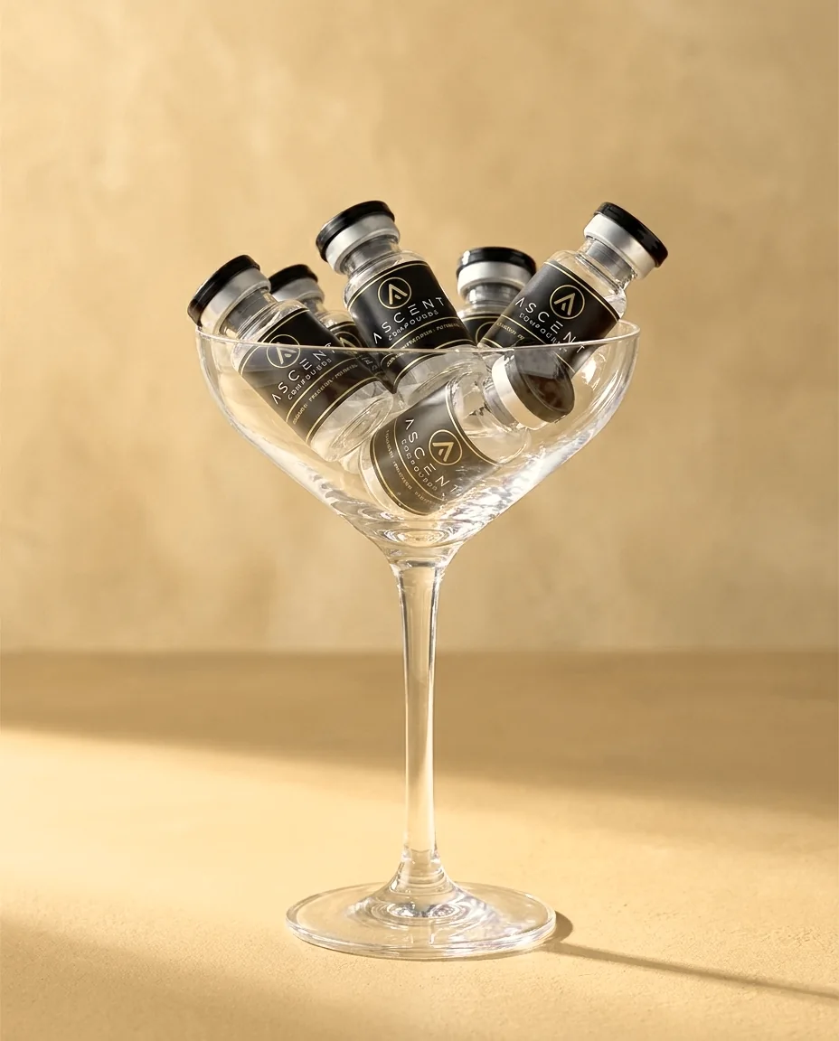 Ascent vials arranged in a crystal glass