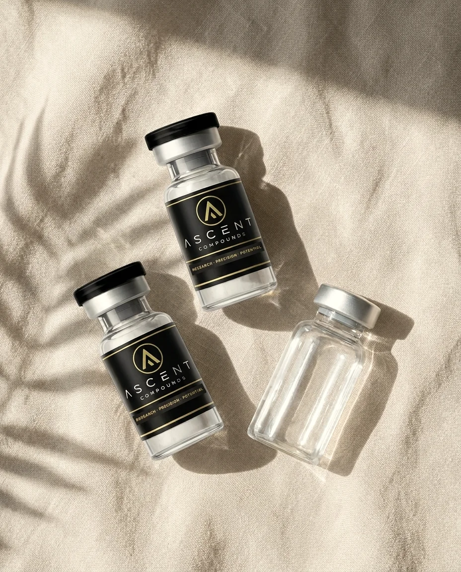 Three Ascent vials on linen